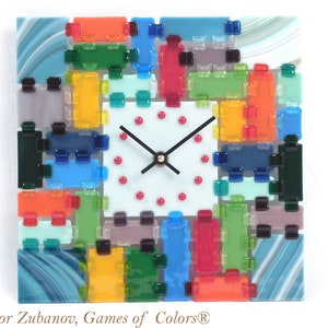 Fused Glass 10 x 10 Wall Clock Rectangular Fantasy - White Dial; square clock; art glass; wall accent; birthday gift; decorative clock