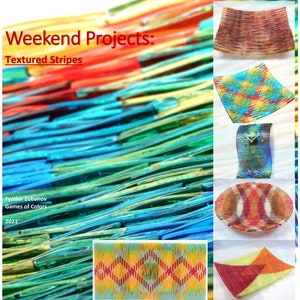 May include: Weekend Projects: Textured Stripes, a collection of colorful glass art pieces with striped patterns. The pieces are arranged in a grid pattern, with the title of the collection at the top. The artist's name, Fyodor Zubanov, and the title "Games of Colors" are also included. The year 2021 is also included.