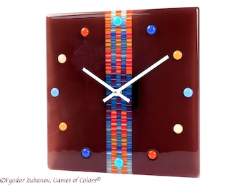 A decorative fused glass clock "Sweet candy with Cranberry juice"; Square clock; quartz clock; battery powered; art glass; Violet;