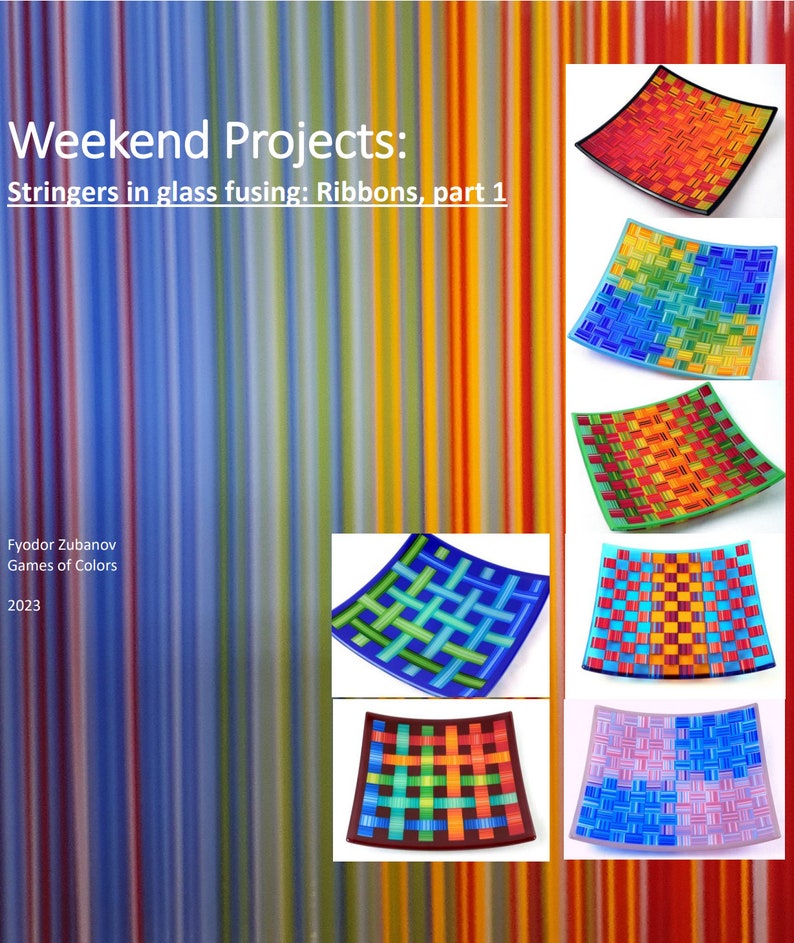 May include: Weekend Projects: Stringers in glass fusing: Ribbons, part 1.  A collection of six square glass plates with colorful ribbon designs.  The plates are arranged in two rows of three.  The plates are all different colors and patterns.  The plates are all made with glass stringers.