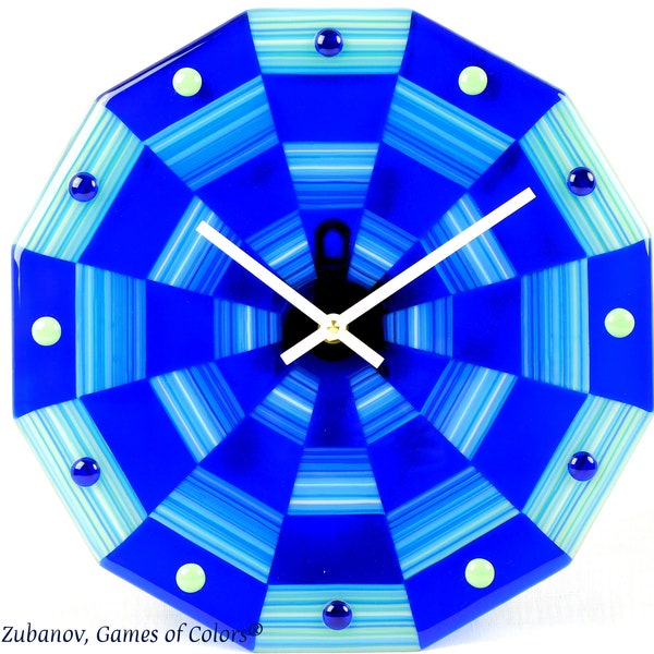 A decorative fused glass wall clock "Blue ribbons"; Round clock; quartz clock; battery powered; art glass; silent clock