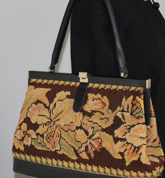 50s tapestry and leather bag , gorgeous inside