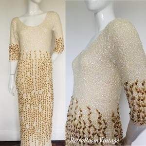 1950s 1960s Beautiful  white woollen beaded sequin evening dress uk size 10
