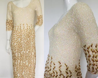 1950s Beaded Sequin Wool Evening Dress - UK Size 10