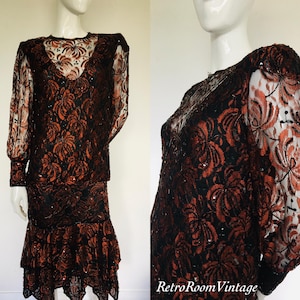 Striking 1980s Frank Usher sequin, beaded & lace dress Uk size 8