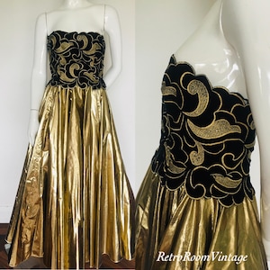 Super 1980s black & gold metallic foil velvet top dress uk size 8