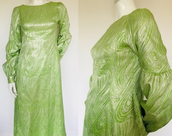 1950s 1960s gold green brocade metallic dress Uk size 8