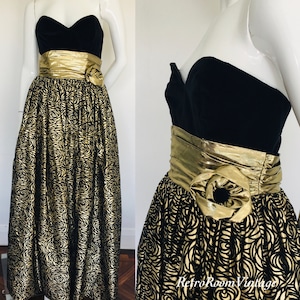 Super 1980s black & gold metallic foil velvet top dress uk size 8
