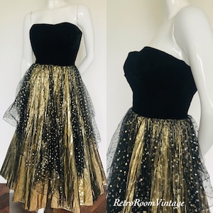 Super 1980s black & gold metallic foil velvet top dress uk size 6