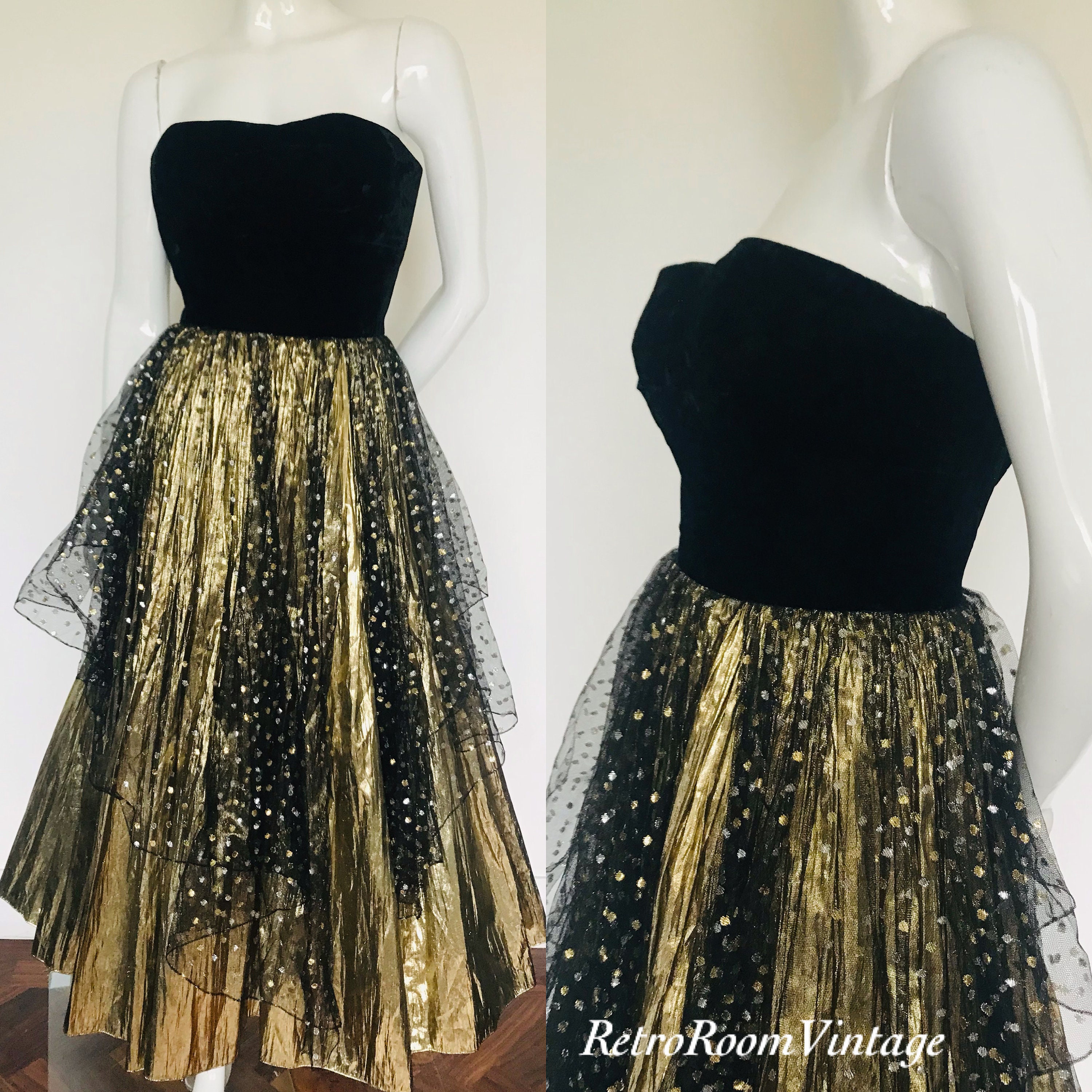Super 1980s black & gold metallic foil velvet top dress uk size 6