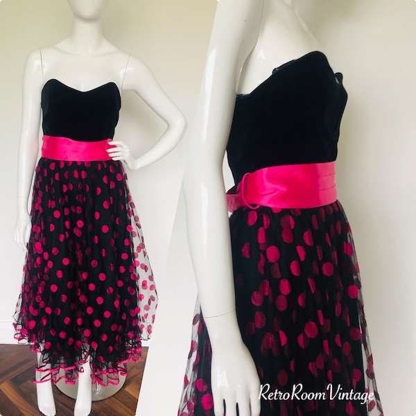 1970s 1980s hot pink & black party prom dress uk size 8