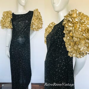 1980s black gold metallic foil big sleeve dress uk size 12