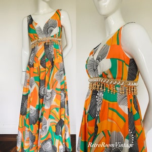 1970s Palazzo Jumpsuit: Mike Benet, Beaded Waist, Bold Print, UK Size 8