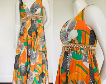 1970s Palazzo Jumpsuit: Mike Benet, Beaded Waist, Bold Print, UK Size 8