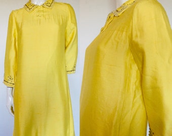 Beautiful 1960s silk beaded yellow cocktail dress Uk size 10