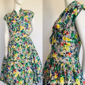 Fab cotton painterly 1950s dress Uk size 14 16