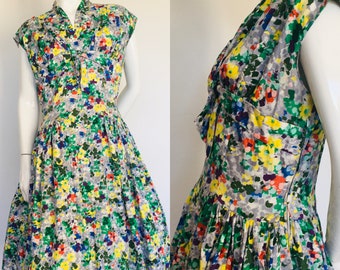 Fab cotton painterly 1950s dress Uk size 14 16