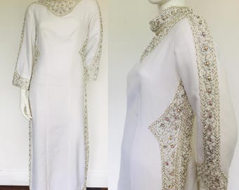 Amazing 1960s white beaded pearls rhinestone evening dress uk size 8/10