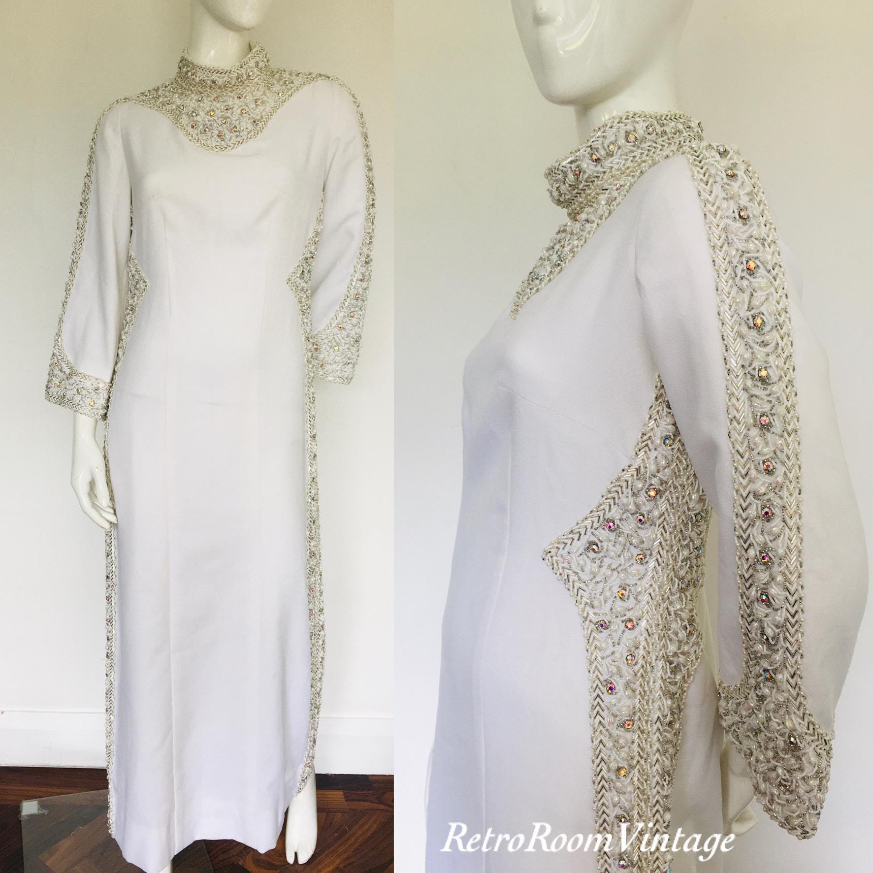 1960s Beaded Rhinestone Evening Dress - UK Size 8/10