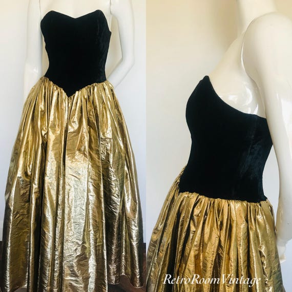 Beautiful 1980s Velvet Gold Metallic Foil Dress Uk Size