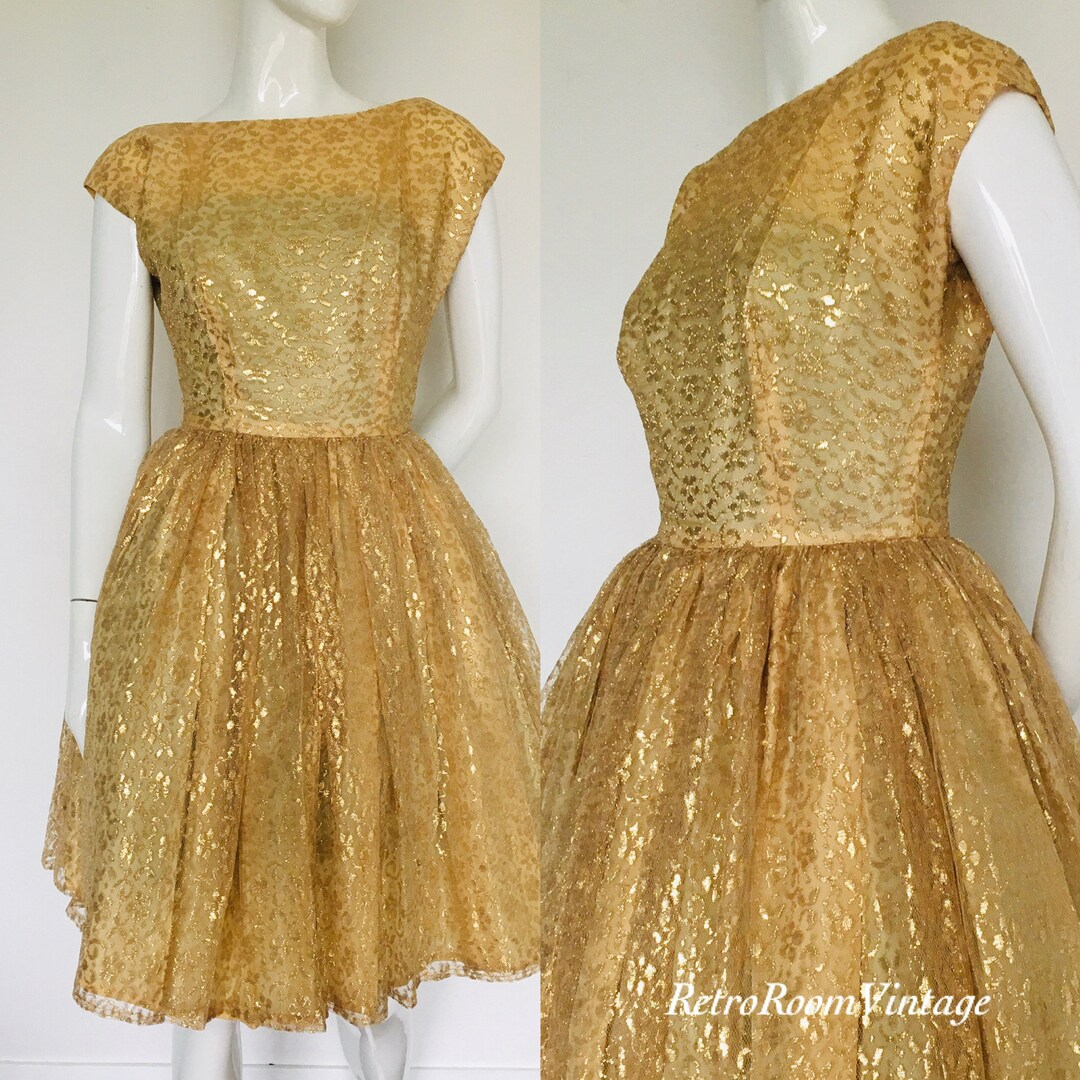 1950s Metallic Gold Lace Dress | XS/S