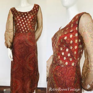1960s 1970s metallic paisley print dress size 8