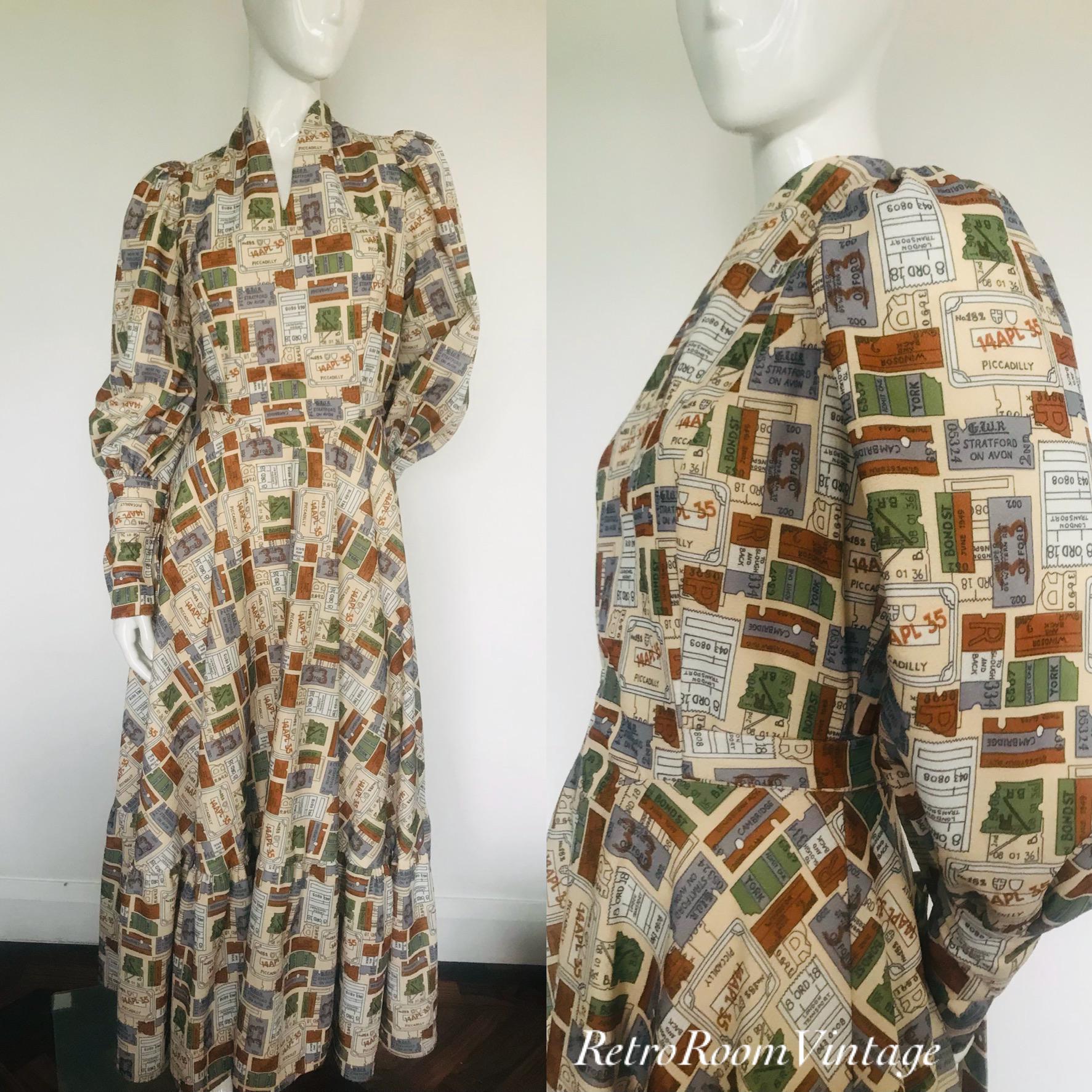 1960s 1970s novelty print bus/train ticket print folk dress Uk size 8 10