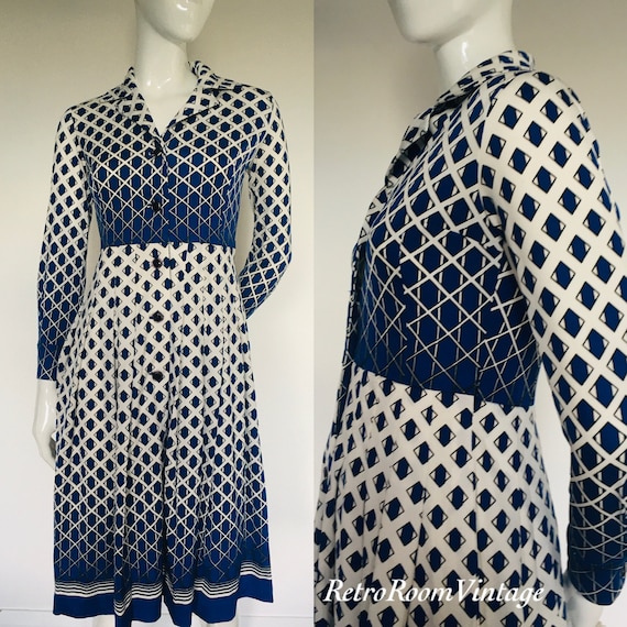 1960S 1970s geometrical print day dress Uk size 8 - image 1