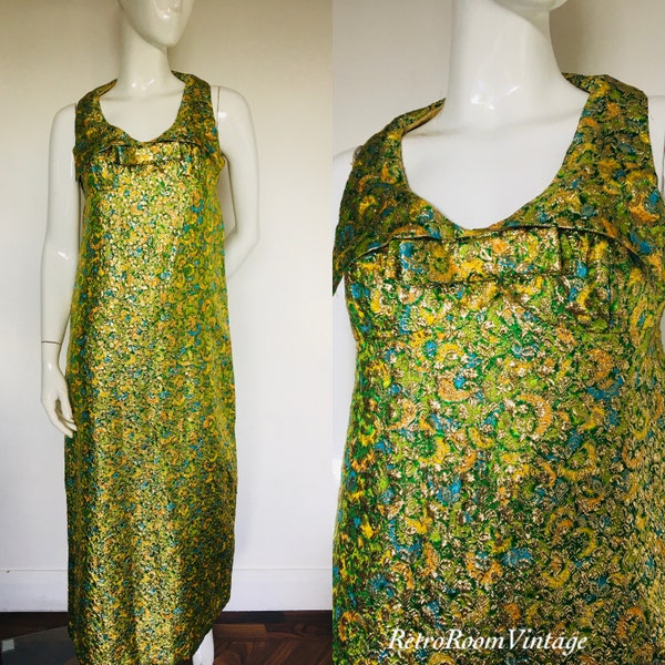 1950s 1960s gold green brocade metallic dress Uk size 8
