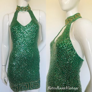 1980s 90s sequin & beaded green gold dress Uk size 8