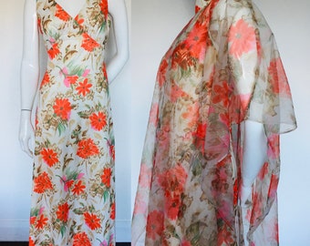 1960s 1970s flowering  print dress & over cape Uk size 8