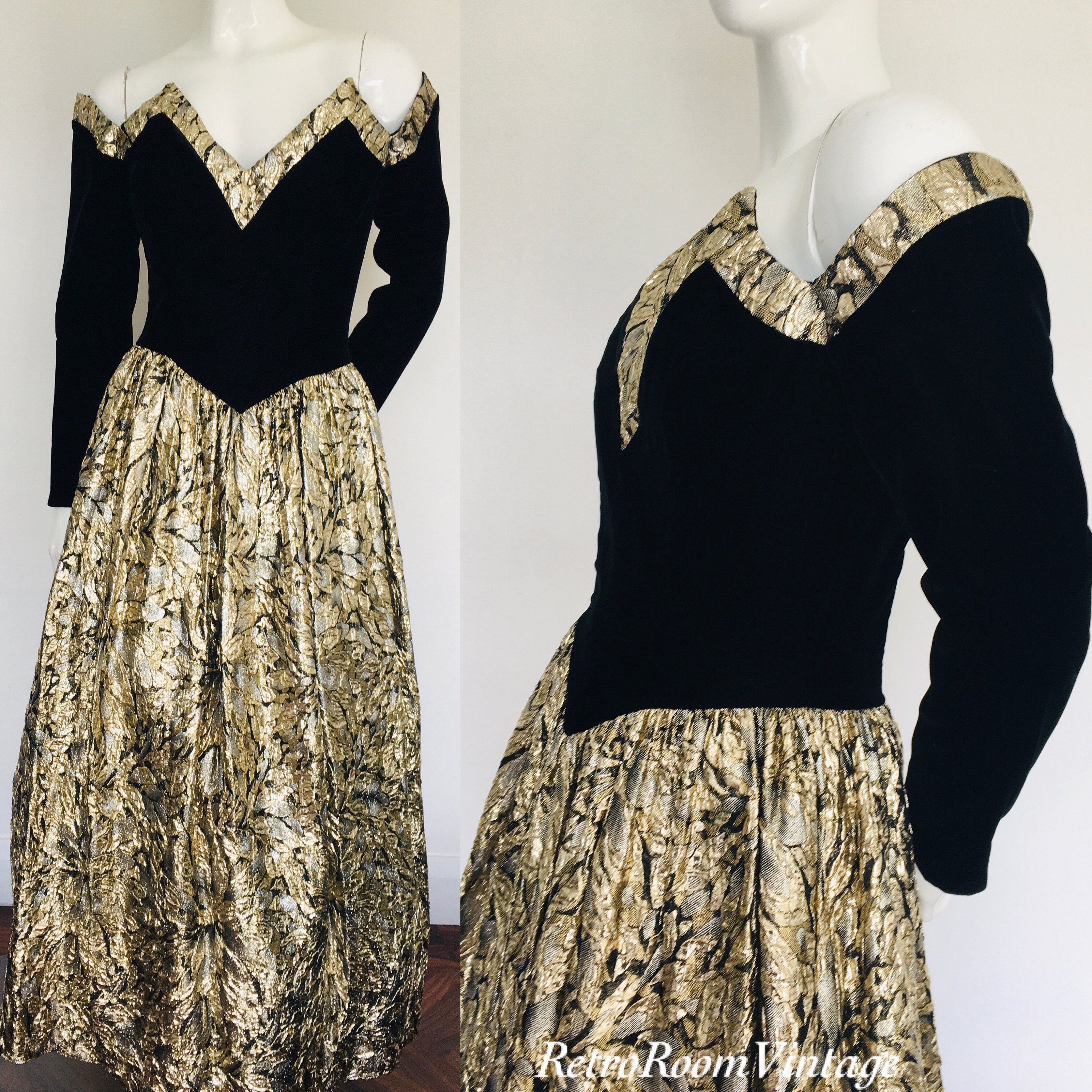 Super 1980s black velvet & gold metallic dress by Jessica McClintock uk size 10