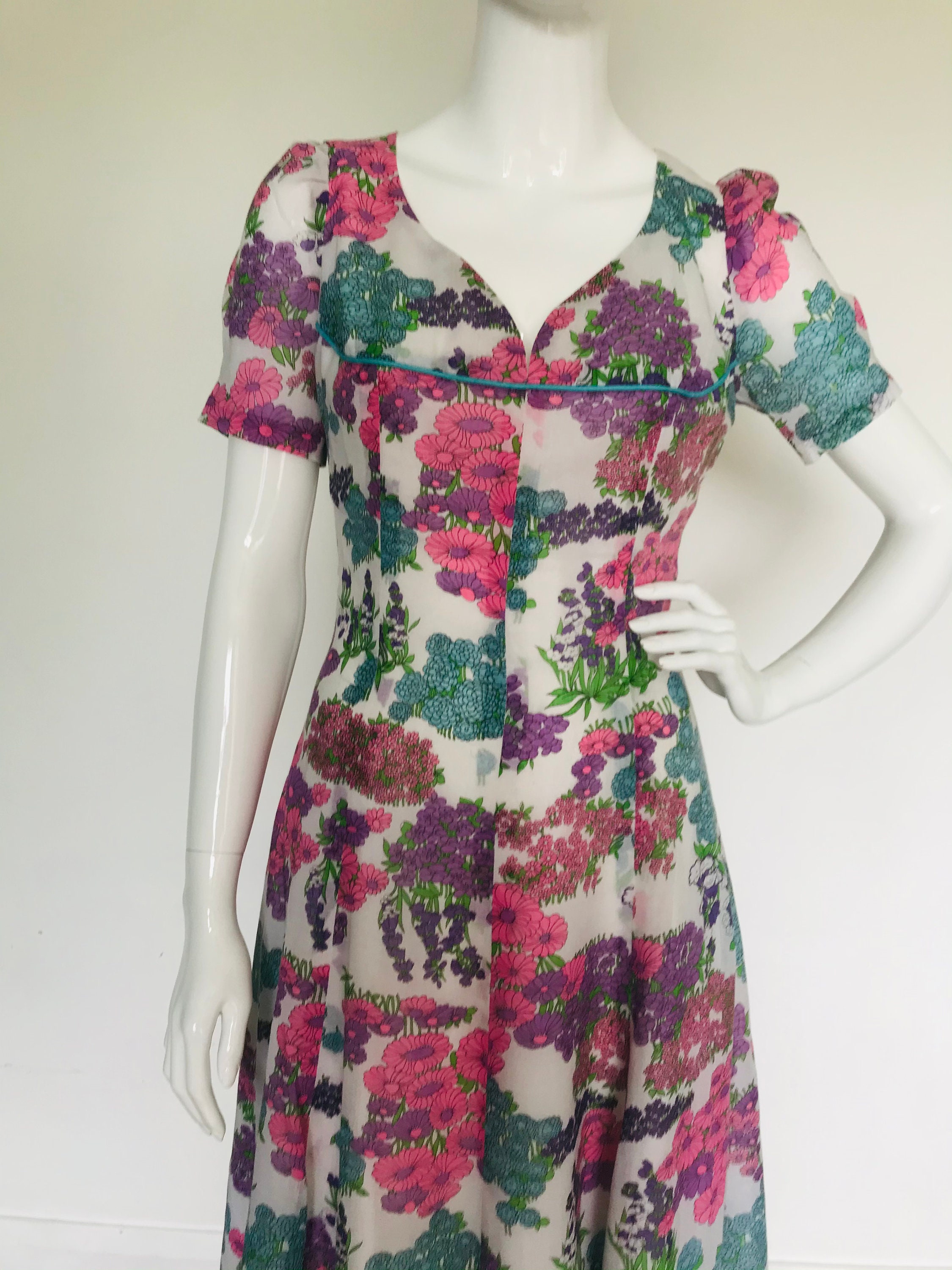 1960s 70s wild flower print cotton maxi dress uk 10 | Etsy