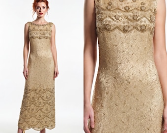 Spectacular Gold 1950s 1960s heavy beaded sequin  dress Uk size 8
