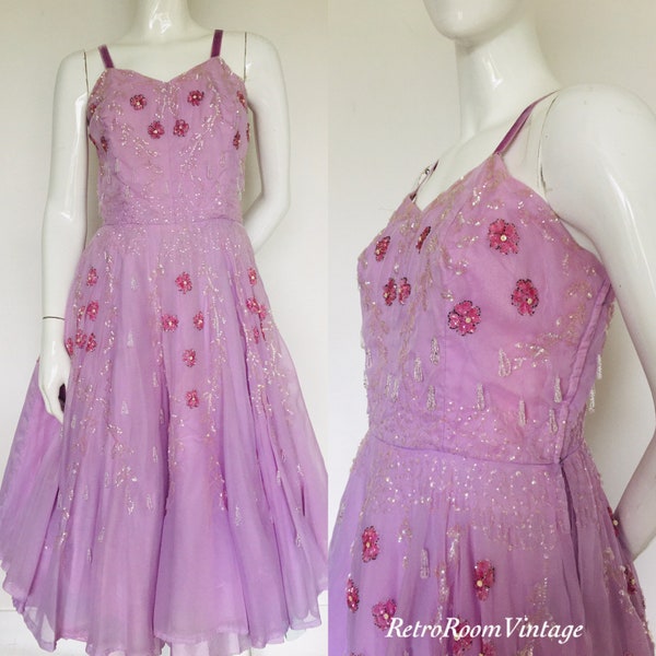 1950s Lavender sequin prom party dress uk size 10