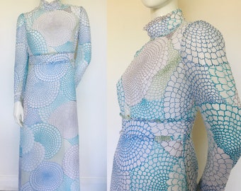 1960s 1970s high neck abstract print dress uk size 10
