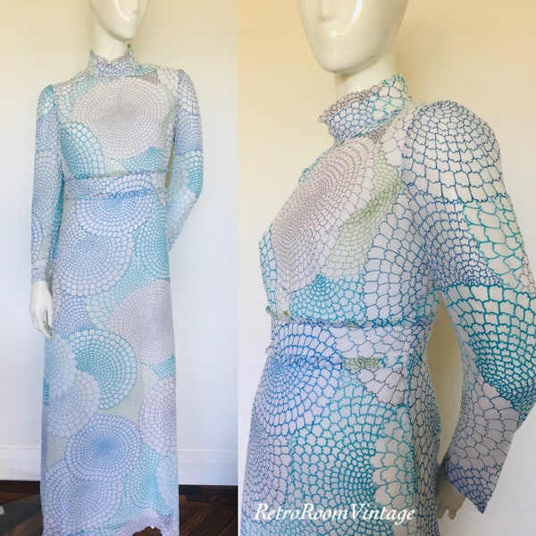 1960s 1970s high neck abstract print dress uk size 10