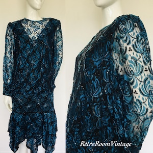 Striking 1980s  sequin, beaded & lace dress Uk size 10