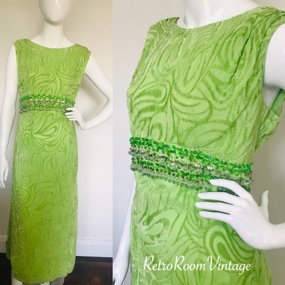 Sleek vintage 1950s 1960s lime green beaded dress
