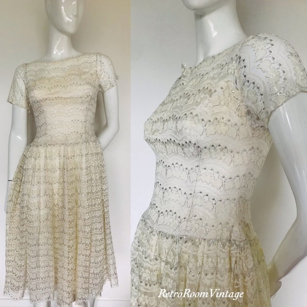 Fabulous 1950s lace & silver dress Uk size