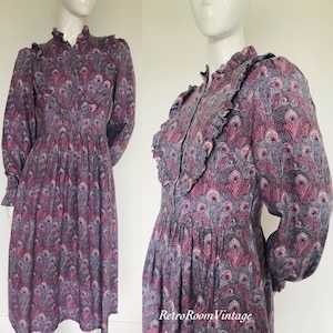 Liberty print 1970s 1980s peacock print folk dress Uk size 8 10