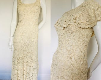 Outstanding 1930s lace gown & caplet dress Uk size 6