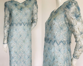 1980s baby blue  sequin lace dress uk size 10