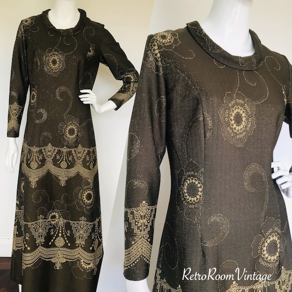 Wonderful 1960s 1970s metallic maxi dress uk Size… - image 1