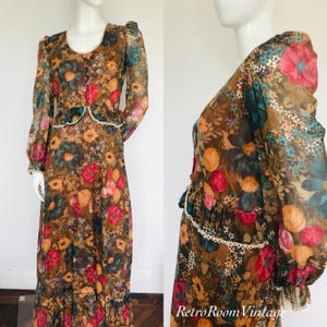 1960s 1970s garden print dress Uk size 8 10
