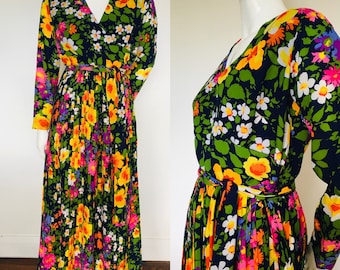 1960s 1970s Botanical  printed dress uk size 12 14