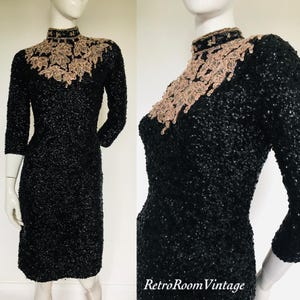 Rare Gene Shelly 1950s chic wool beaded sequins cocktail dress Uk size 8