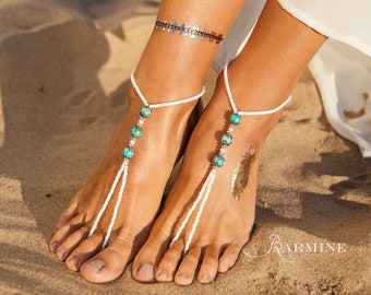 Turquoise gemstones barefoot sandals, Bohemian barefoot sandals, Destination wedding, Beach wedding boho bride, Footless sandals