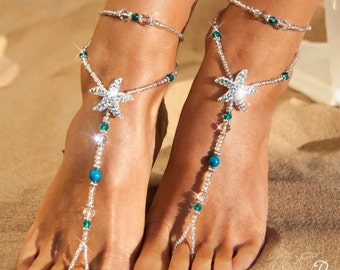 Starfish Barefoot Sandals, Turquoise Beach Wedding Foot Jewelry
