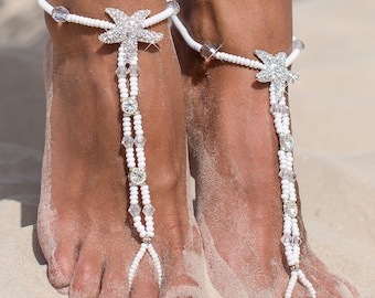 White Beaded Barefoot Sandals, Starfish Bridal Foot Jewelry